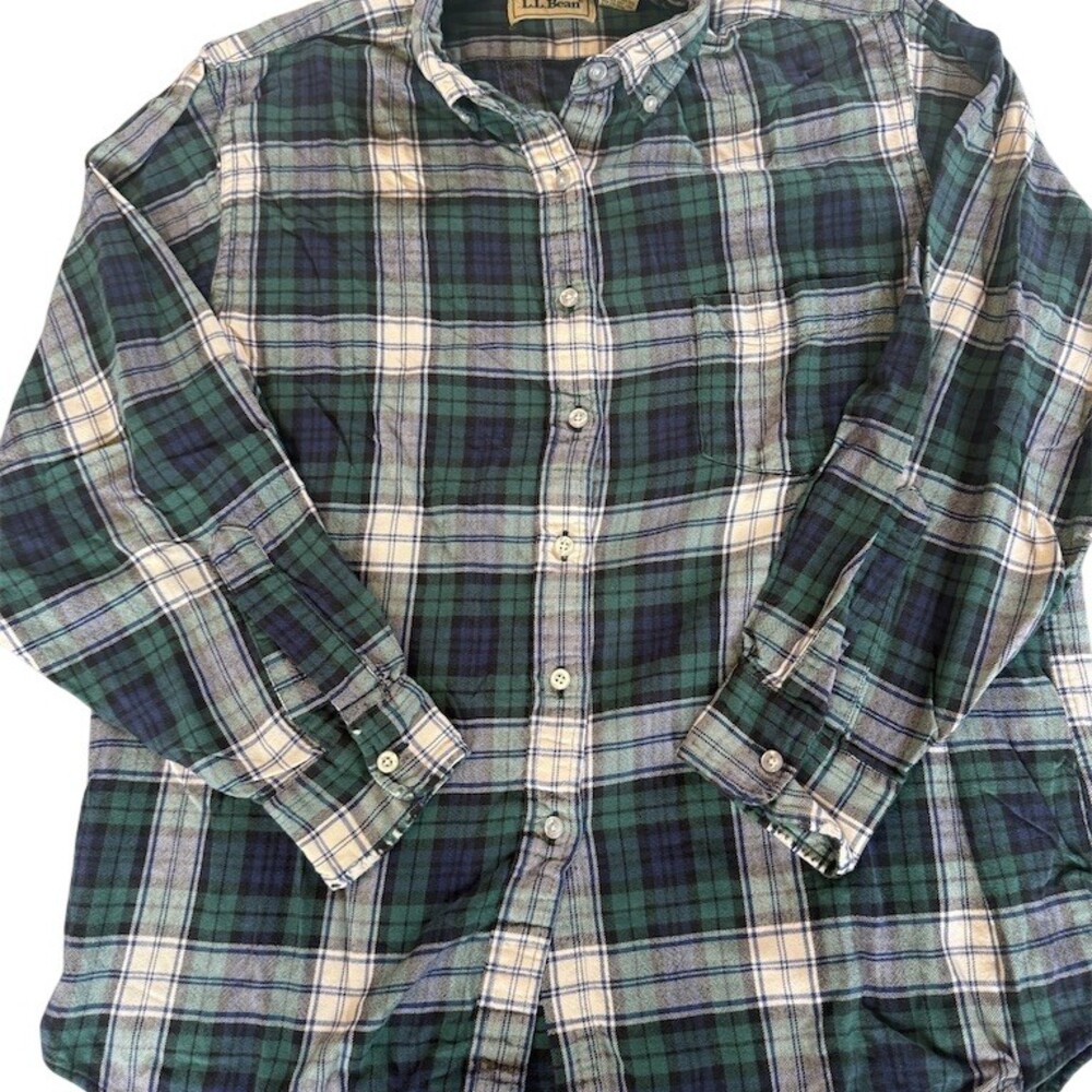 Vintage L.L. Bean Button-Up Shirt Womens Size 14 Plaid Flannel Green Blue READ